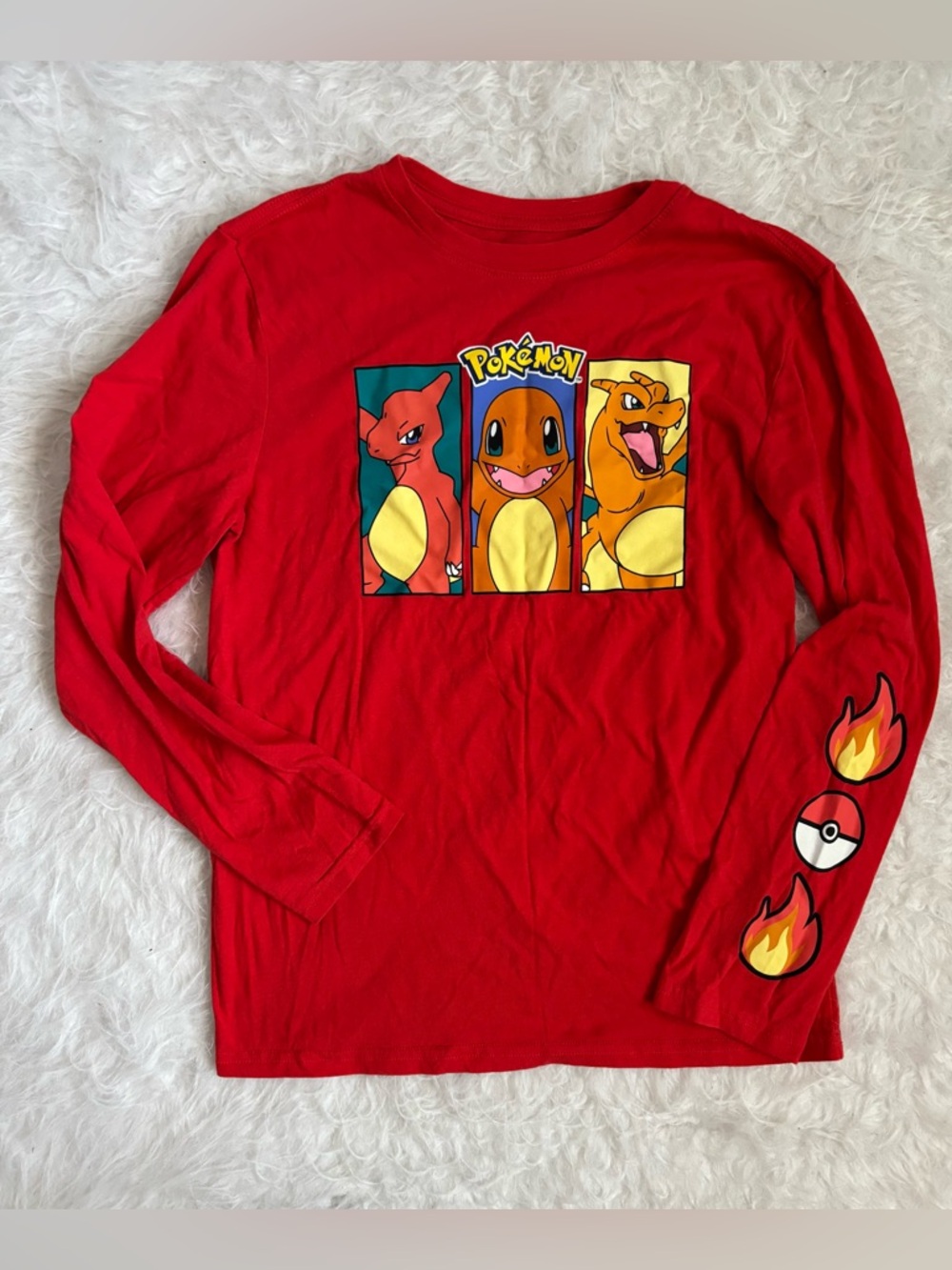 Pokemon Bright Red Long Sleeve Tee with Cool Charmander Trio Graphic